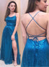 A Line Spaghetti Straps Lace Up Sequins Prom Dress With Slit LBQ2280
